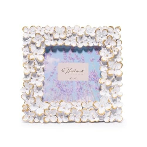 Hodao Floral Photo Frame — Resin Flower Picture Frame with Acrylic Cover, Heart Accent Tabletop Keepsake for Mother’s Day, Wedding & Home Décor (4×4, White Gold)