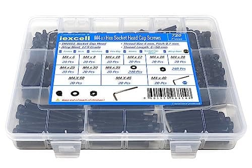 iexcell 720 Pcs M4 x 6/8/10/12/16/20/25/30/35/40/45/50 Alloy Steel 12.9 Grade Hex Socket Head Cap Screws Bolts Washers Assortment Kit, Black Oxide Finish
