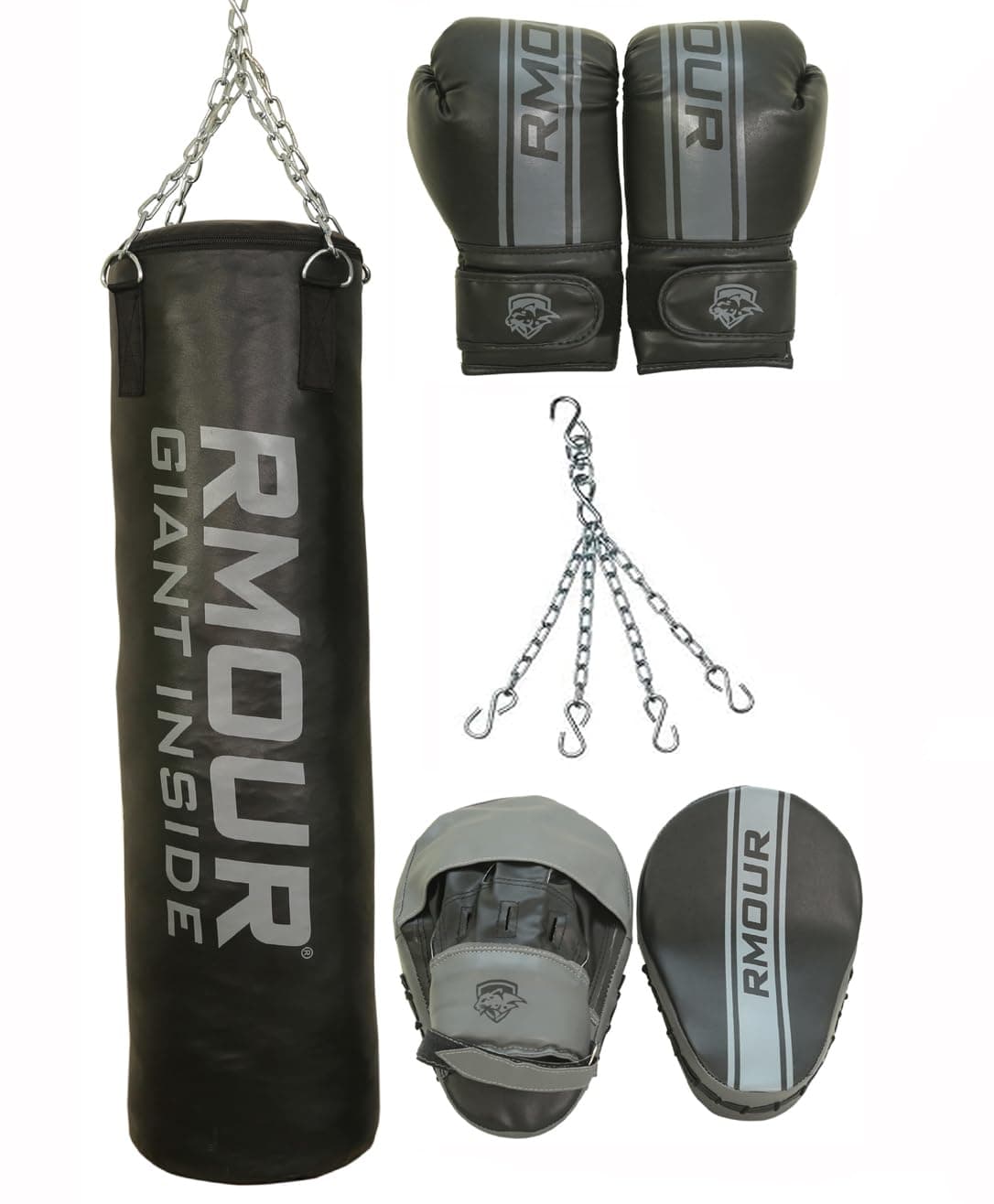 RMOUR Unfilled Heavy SRF Punching Bag with Hanging Chain, Boxing Gloves, Focus Pads Combo of 4 Pieces (Grey/Black, 3 Feet)