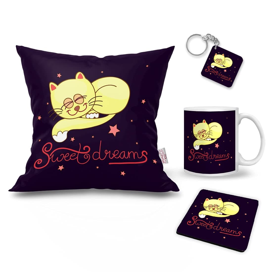 K1Portal Sweet Dreams Design Printed 12 x 12 Cushion Cover with Filler Printed White Coffee Mug Birthday Key Chain Combo Pillow Mug Keychain Coaster