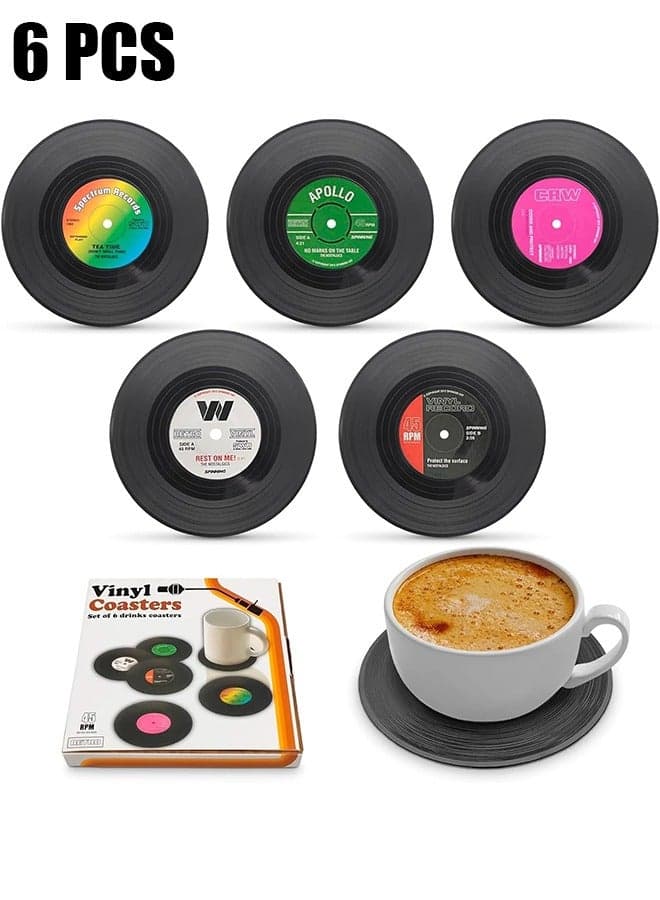 6 Pcs Record Design Coasters With Gift Box, Vinyl Record Coasters For Drinks Novelty, Funny Absorbent Retro Style Home Decor, Diameter 4.1