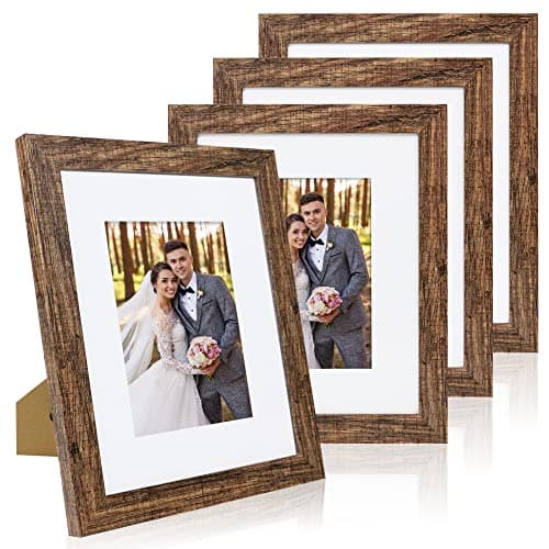 Hongkee 8x10 Picture Frame Set of 4, Made of Real Glass and Rustic Brown Wooden Frame, 8 by 10 Photo for Wall or Tabletop - Display Picture 5x7 with Mat or 8x10 Without Mat