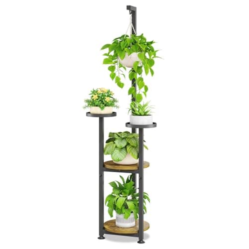iDavosic.ly 4 Tier Hanging Plant Stand Indoor, Tall Vertical Corner Metal Flower Heavy Duty Pot Holder Shelf for Patio Porch Living Room, Modern Black & Rustic Brown - Round