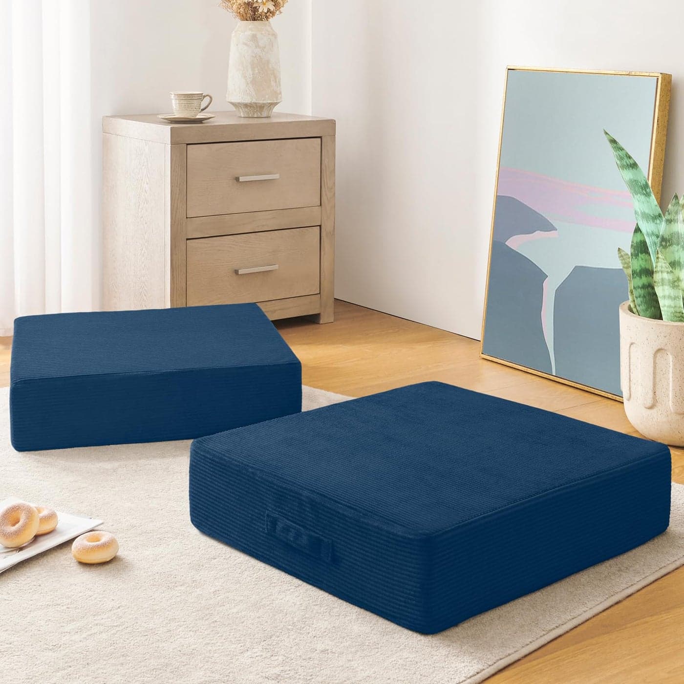 Wellsin Solid Square Floor Pillows for Adults Kids Large Meditation Floor Pillow Seating Cushion with Thick Foam Washable Velvet Cover 2 Pack 22x22x5 Inch Dark Blue