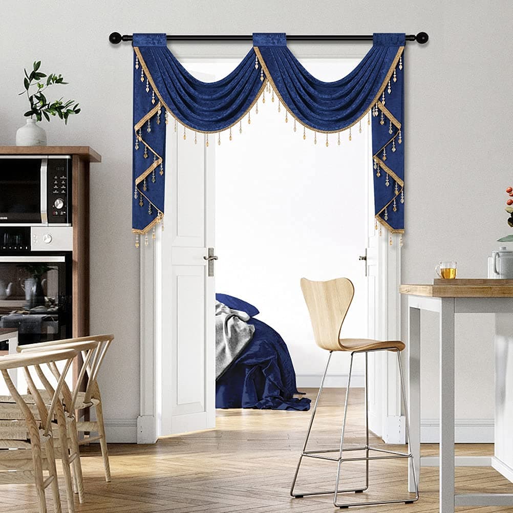 ELKCA Royal Blue Chenille Waterfall Valance for Living Room 2 Hollow Swags Valance for Kitchen Rod Pocket1 Panel