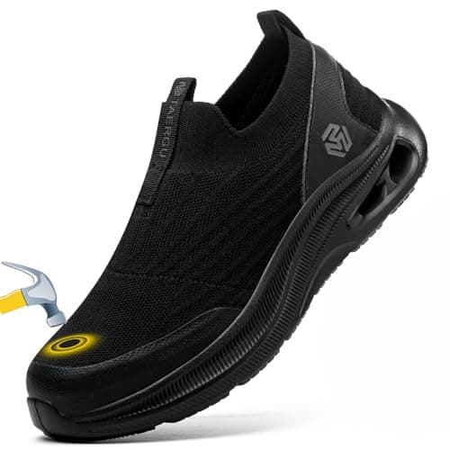 Steel Toe Shoes Men Lightweight Comfortable Work Shoes Slip On Safety Shoe Walking Sneakers Puncture Proof Loafers,All Black,Size 14