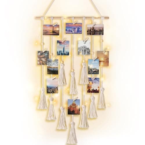 Mkono Hanging Photo Display Boho Macrame Wall Decor with Light, Teen Girl Teenage Gifts, Pictures Cards Frame Holder Art Hanger for Christmas Birthday Party Bedroom Dorm, with 30 Wood Clips, Ivory