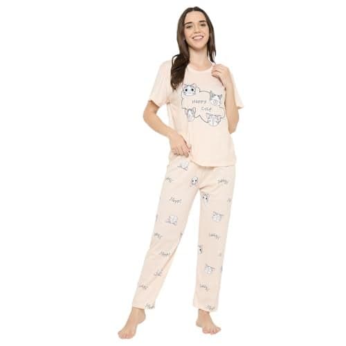 CAMEY Women Night Suit || Women Night Dress || Night Wear Loungewear || Pyjama Set with T-Shirt & Trousers || Soft & Comfortable Night Dress (Cream, S)