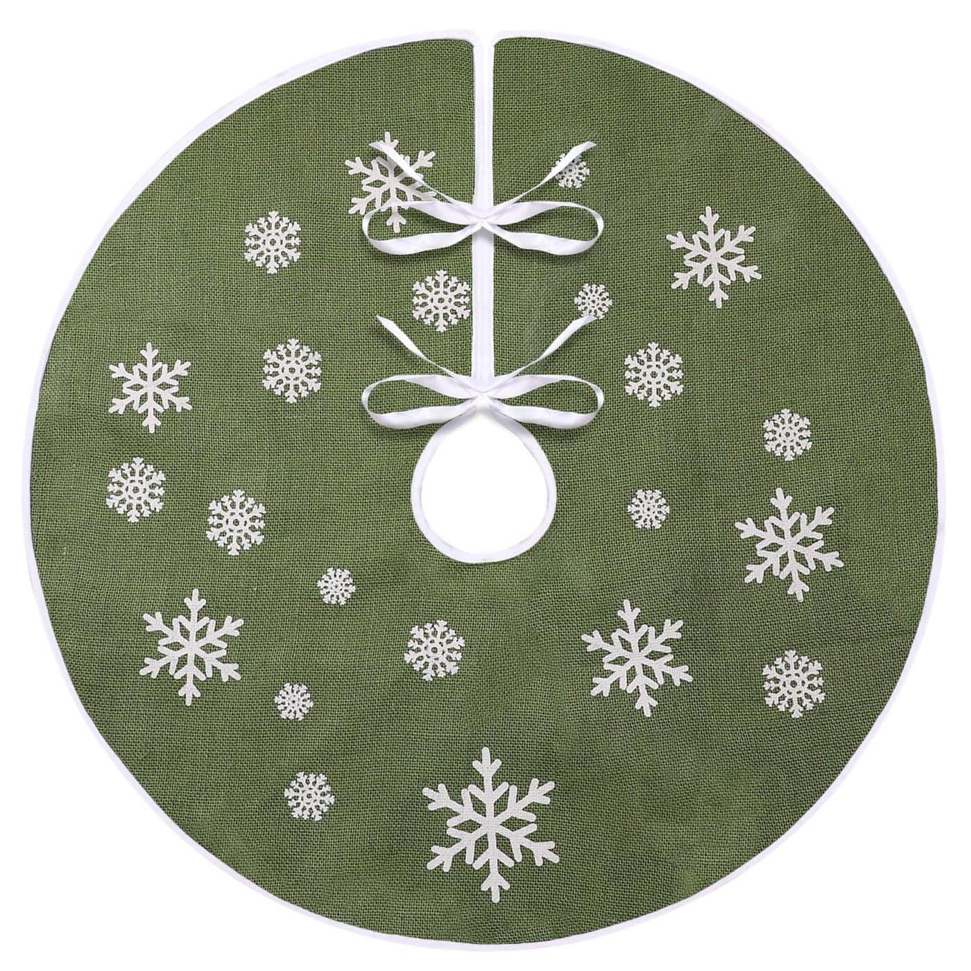 MACTING Christmas Small Tree Skirt 30 Inch Green Burlap Tree Mat with White Snowflake Printed for 5FT Xmas Tree Farmhouse Holiday Party Indoor Home Decorations