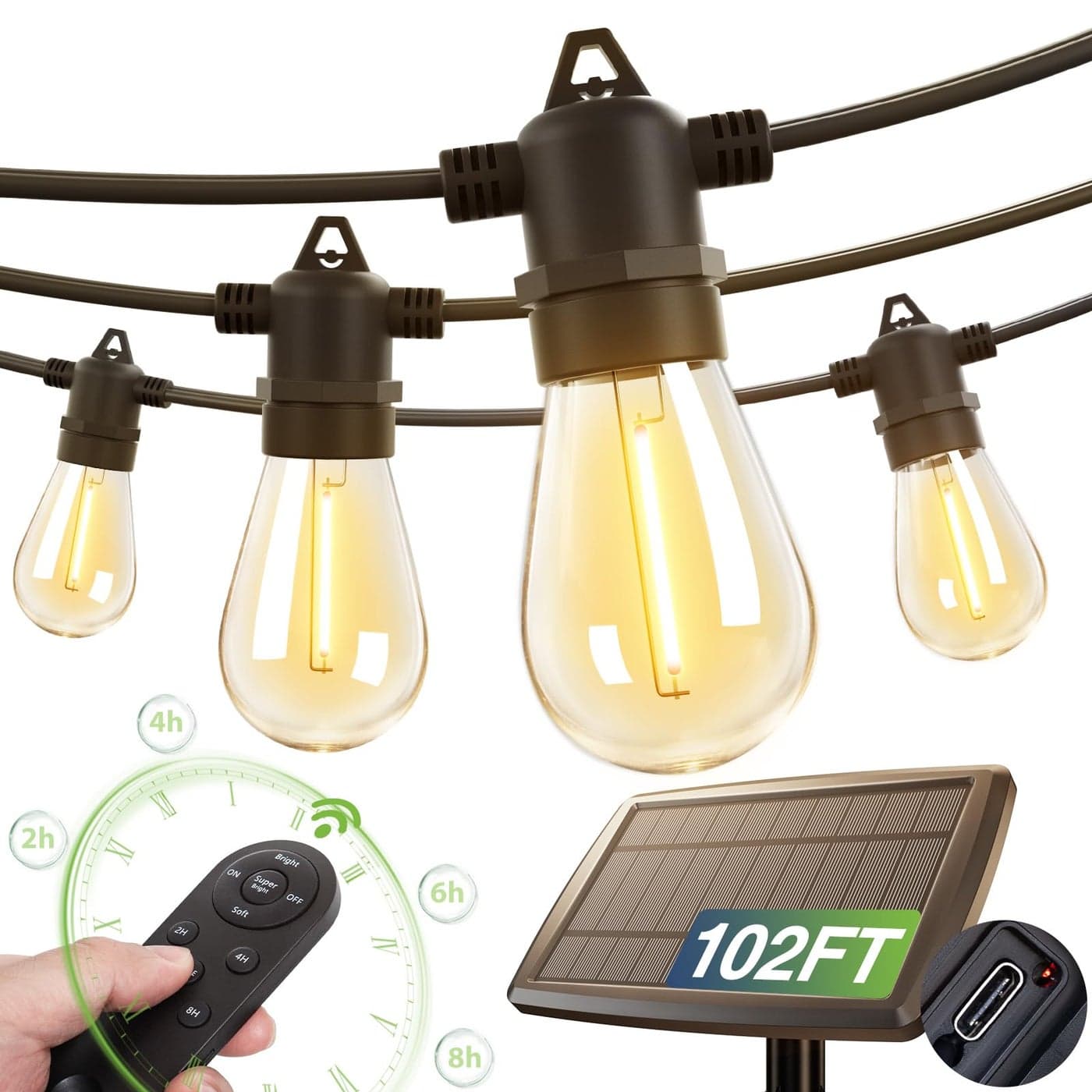 addlon 102FT966 Solar String Lights Outdoor Waterproof with USB Charging Remote Control Dimmable Solar Power Patio Lights with LED Bulbs for Porch Garden Yard Market Bistro Lasts 20 Hrs
