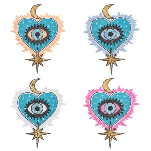 AHANDMAKER 4Pcs Large Heart Eye Beaded Patches for Clothes 4 Colors Heart Evil Eye Sequined Patch with Moon Star Sew on Beaded Applique for Clothes Jeans Jackets Bags Embroidery Garment Accessory