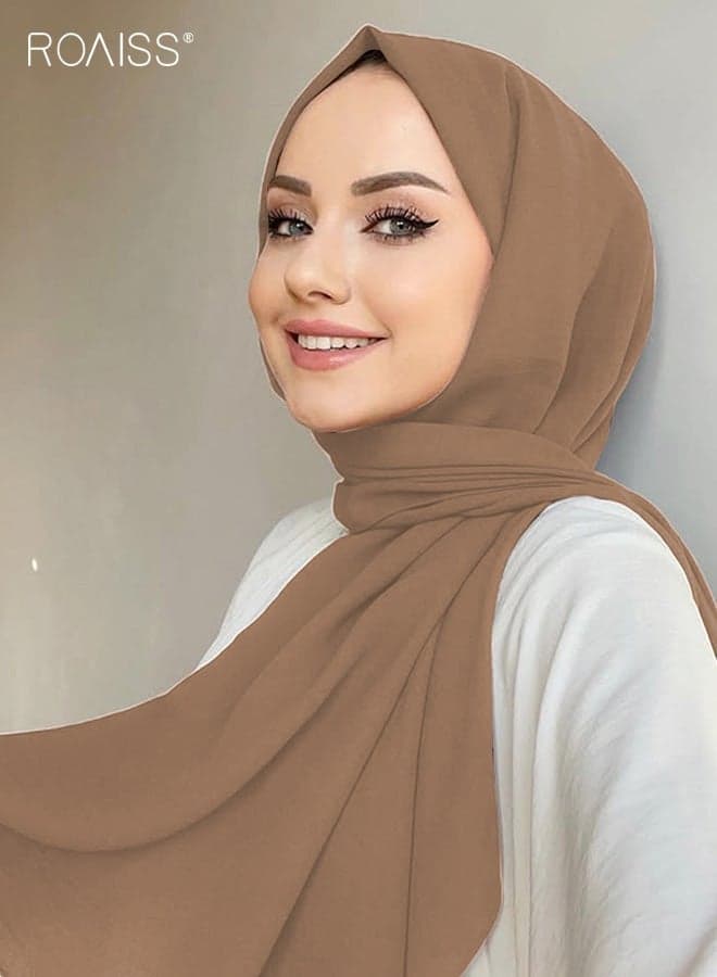 Solid-Color Muslim Shawl Polyester Pleated Long Scarf Stylish and Elegant Headscarf Women's Graceful Lightweight Everyday Headscarf