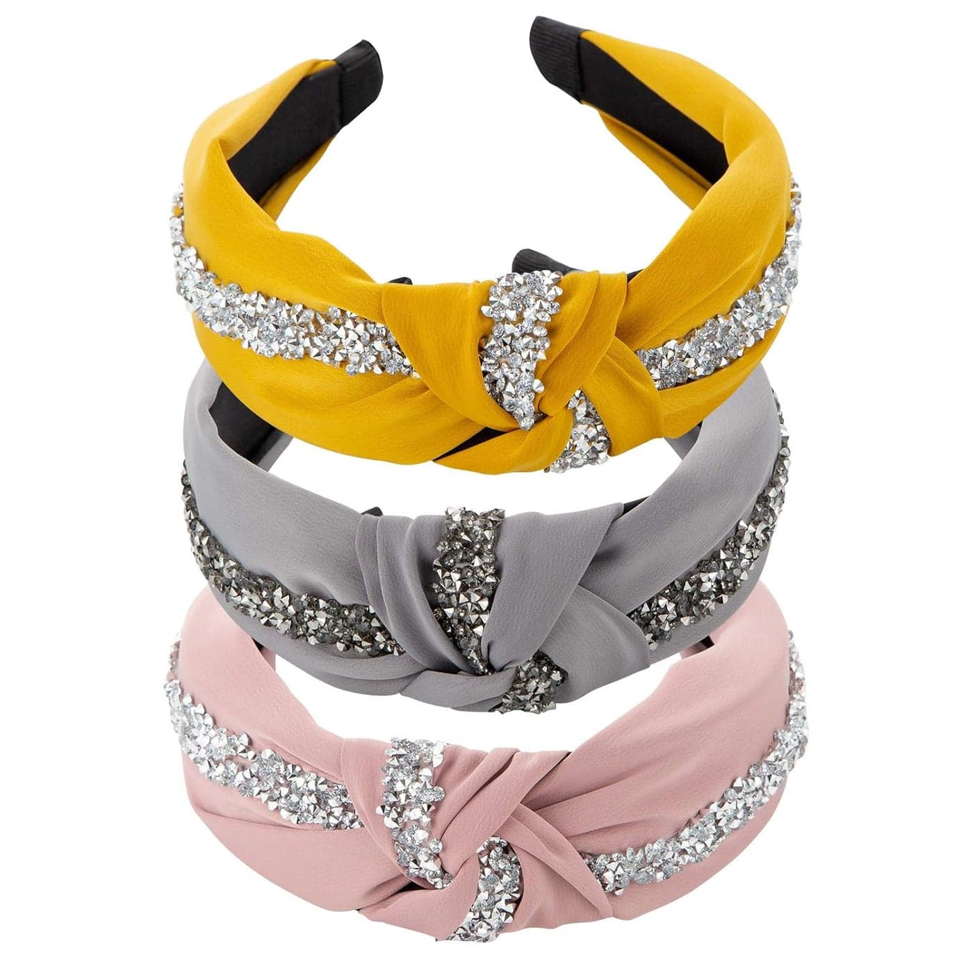 kalyn 3Pcs Fashion Rhinestone Diamond Headbandssatin knot headbands Hair Bands Glitter Hairband for Women Girls Hair AccessoriesYellow pink gray colors