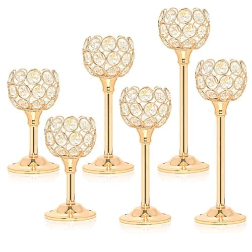 Kehail Elegant Crystal Candle Set of 6 Gold Tealight Holders Votive Candelabras Bowl Centerpiece Bulk for Dining Table Wedding Decor