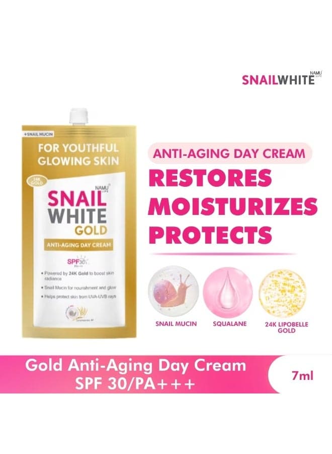Glow Brighter with Snail White Gold Anti-Aging Day Cream This nourishing cream helps replenish moisture, enhance skin luminosity, and protect from daily sun exposure. Perfect for achieving soft, healthy-looking skin with a natural youthful glow.