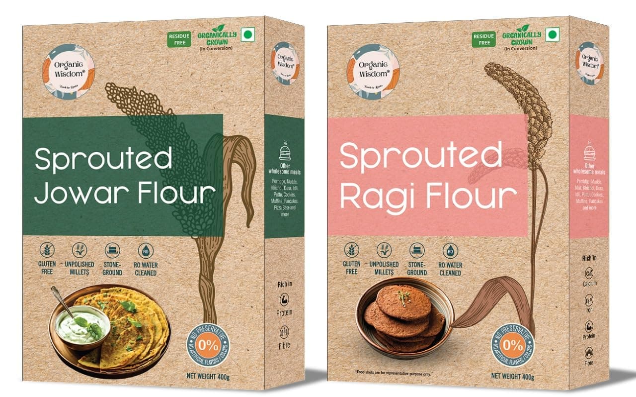 Organic Wisdom-Back to Roots Sprouted Ragi & Jowar Atta (Flour) Combo Pack- 400 grams each|100% Natural & Gluten Free | Stone-Ground & RO water cleaned| Rich in Protein, Calcium & Dietary Fibre