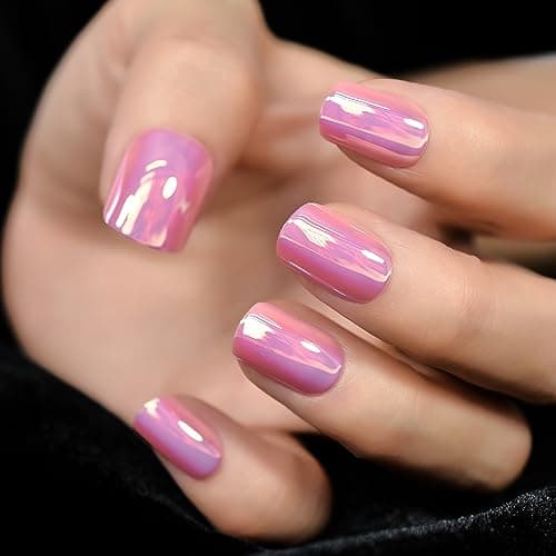 ELEVENAIL Press on Nails Shimmery Metallic Pink False Nails Medium Length Nail Art Tips Reusable Fake Nails Artificial Finger Nails Gifts for Women and Girls