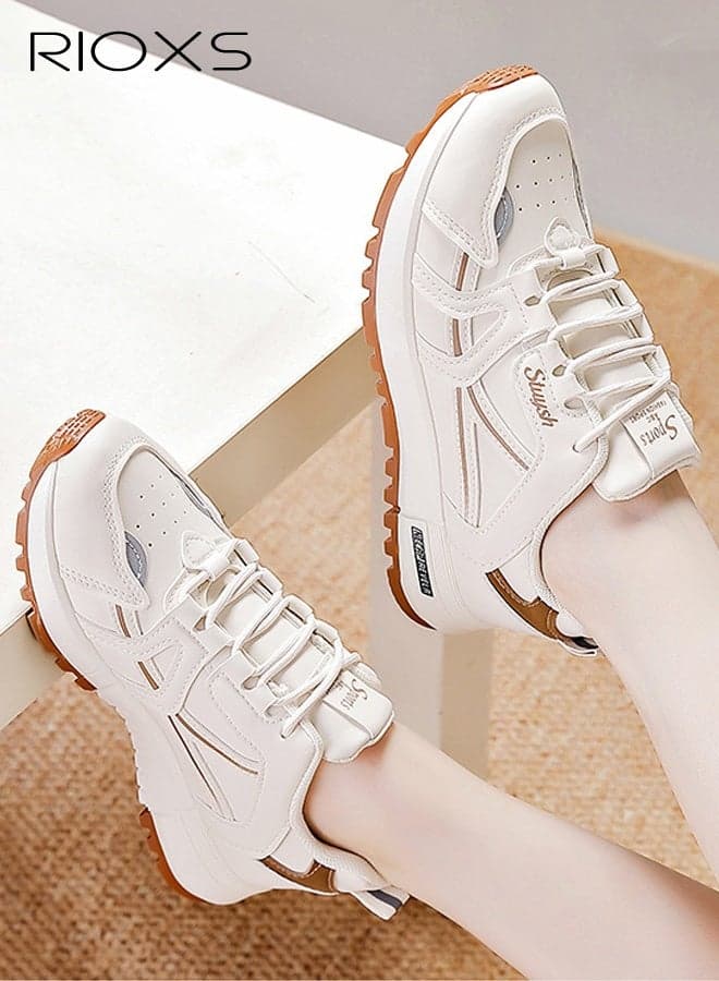 Women's Athlesiure Shoes, Breathable Leather Running Shoes, Anti-slip Womens Trainers, Anti-slip Lightweight Walking Shoes for Women, Athletic Sneaker for Ladies, Comfy Training Shoes for Workout Gym Hiking, Stylish Sneakers Pair with Casual Outfits Sportswear Jeans, White Khaki Tennis Shoe
