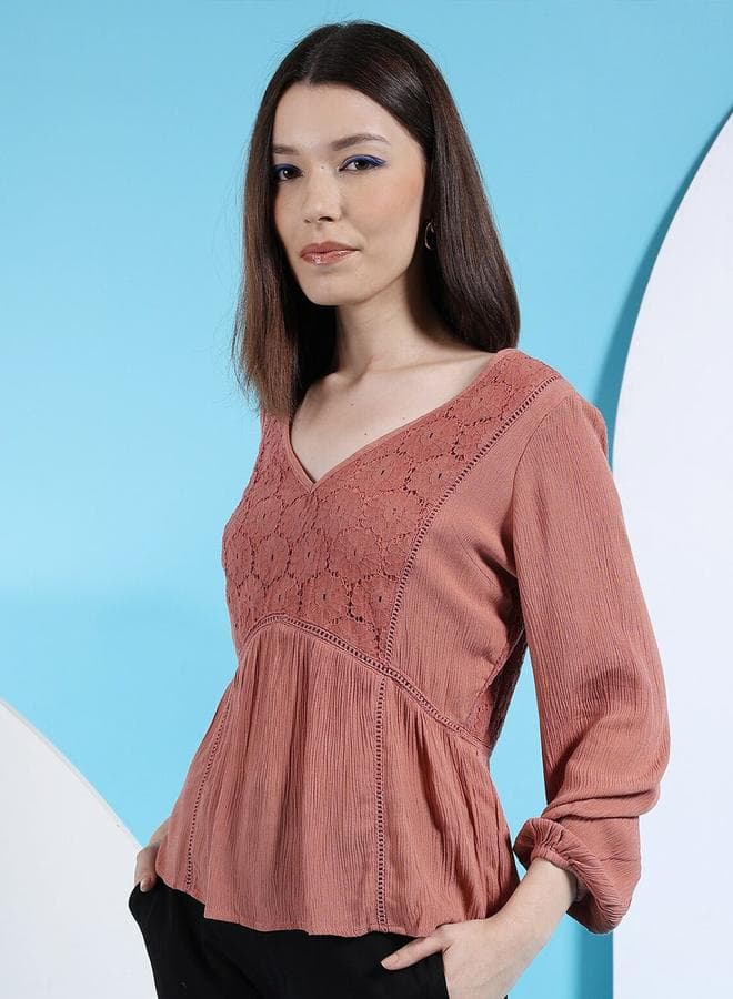 Freehand Women Pink Lace Insert Long Sleeve Top — L