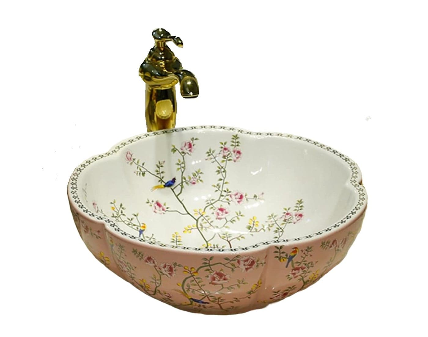 Pink Color Flower Shape Bathroom Vessel Sinks Ceramic Art Wash Basin with Flower Bird Pattern for Counter Vanity Top,1 Sink Only