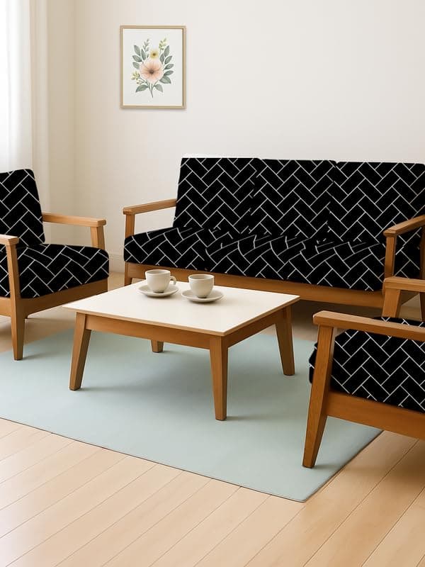 HOTKEI Black Brick (Pack of 10) 200 GSM Fabric Wooden Sofa Seat Cover Elastic Stretchable Cushion Seat Slip Cover Protector for Wooden Sofa Set 5 Seater Antislip Full Covers for Living Room