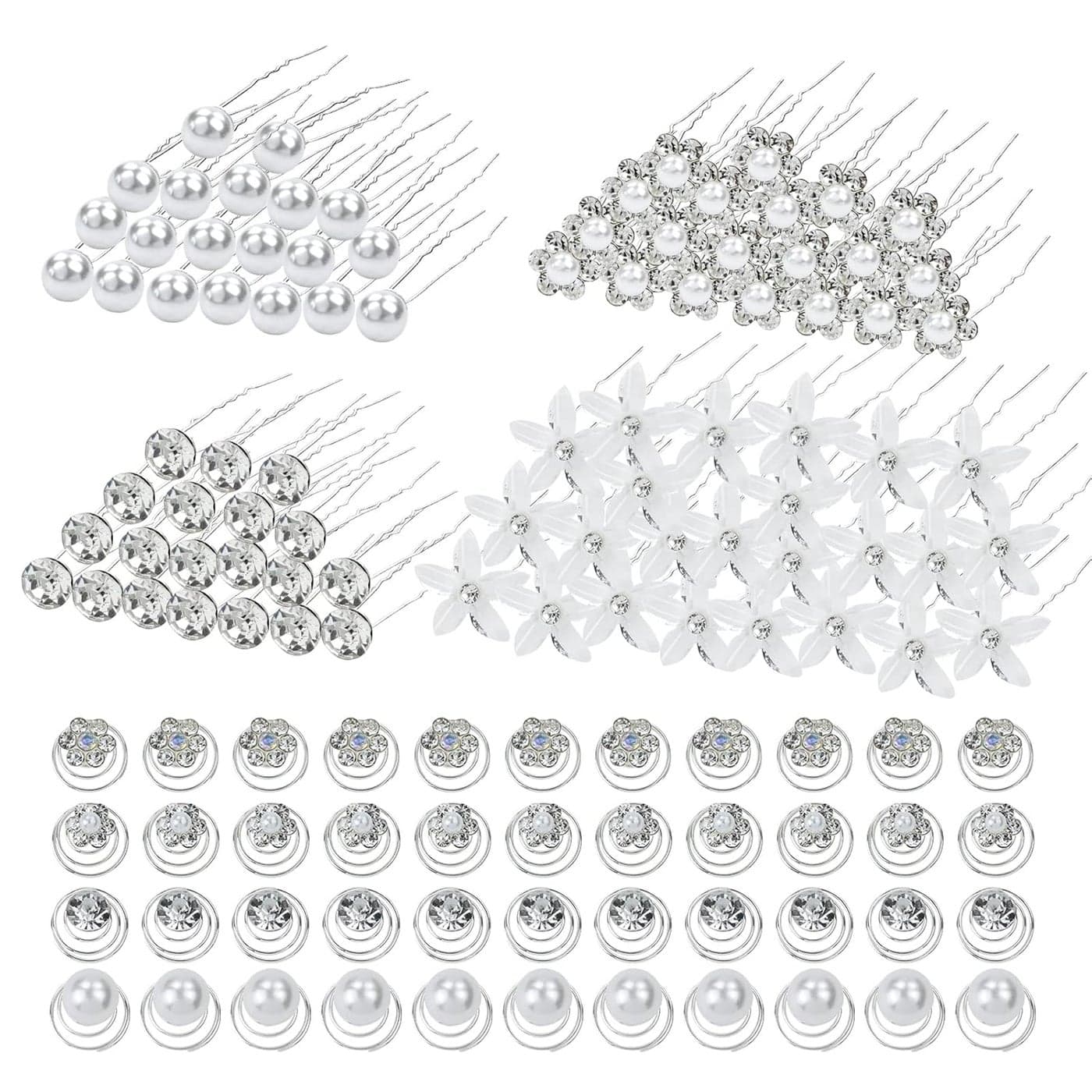 inSowni 128 Pack Silver Pearl Flower Rhinestone Crystal Bridal Wedding Hair Ushaped Hair PinsSpiral Twist Hair Clips Barrettes Prom Headpieces Formal Hair Pieces Accessories for Brides Bridesmaids Women Girls