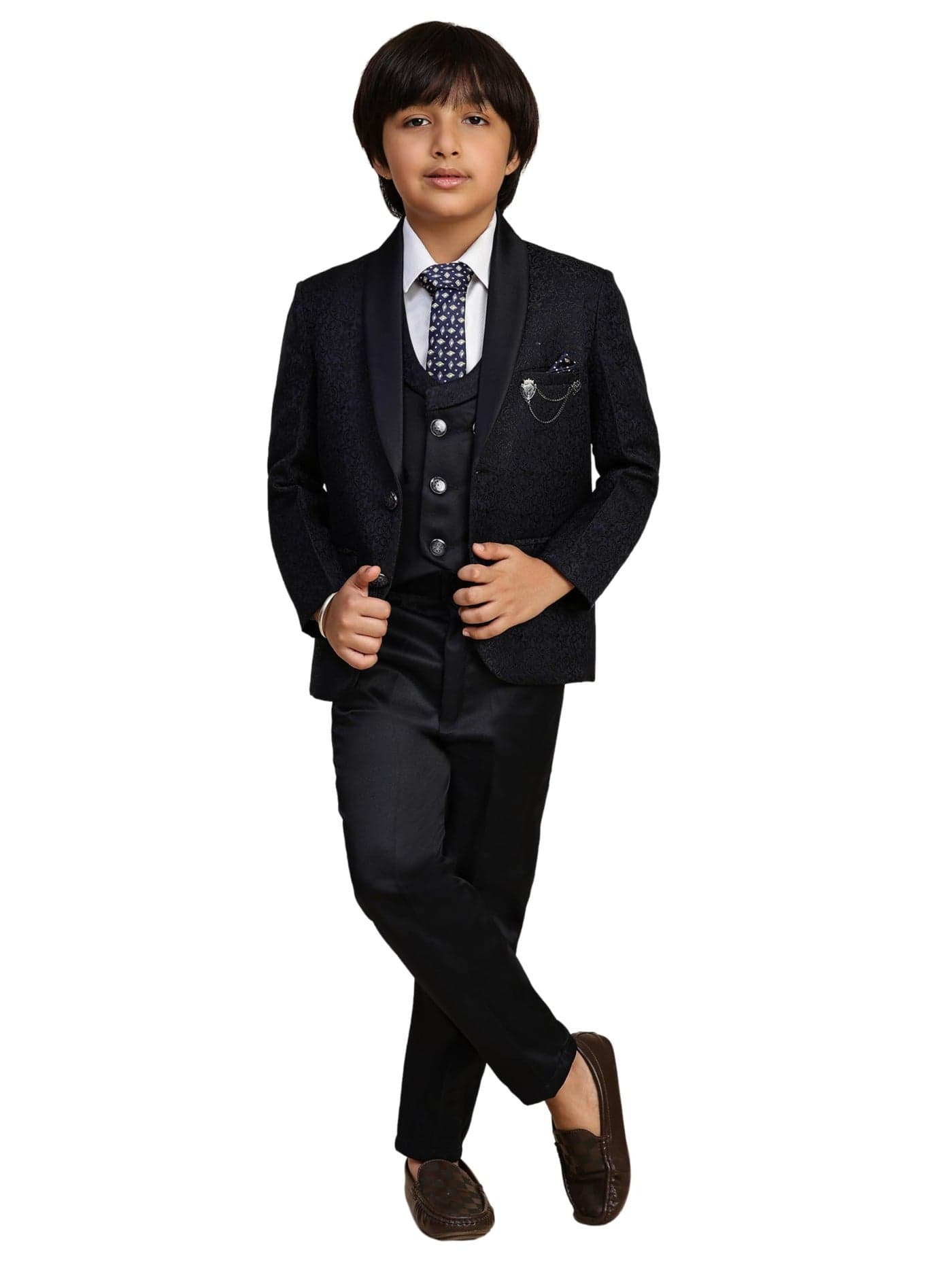 Pro-Ethic Style Developer 5 Piece Boys Suit Set Pary Wear for Kids Wedding Outfit | Set of Shirt, Pants, Coat, Waistcoat and Tie for Kids, NavyBlue, 6-7 Years