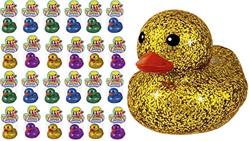 JARU Glitter Rubber Ducks Metallic Colors 3 24 Unit Assorted Fidget Toy for Kids Sensory Play Stress Relief Stocking Stuffers Supplies Pinata Filler in Bulk Plus Sticker 434324s