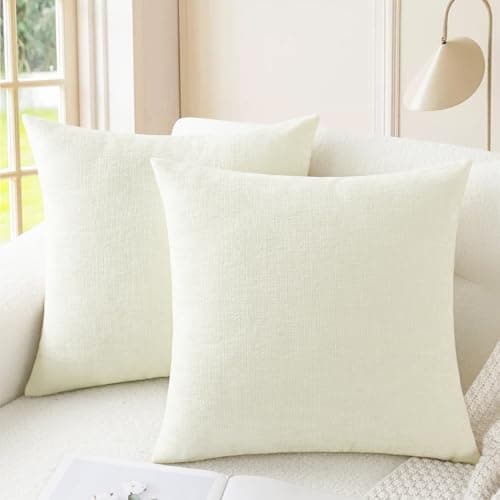 CaliTime Throw Pillow Covers Decorative 24 X 24 Inches Pack of 2 Cozy Chenille Cushion Cases for Couch Sofa Bed Living Room Home Cream