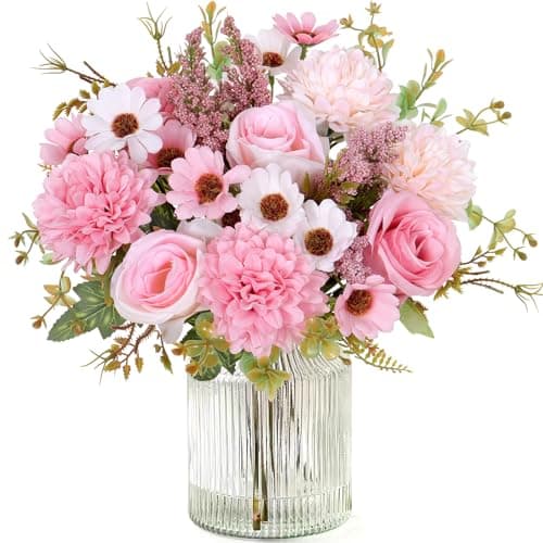 Dremisland Artificial Flowers Like Real Artificial Bouquet 2 Packs Silk Artificial Roses Bouquet with Daisy Chrysanthemum Pink Flowers for Valentines Day Centerpiece Table Wedding Party Decor