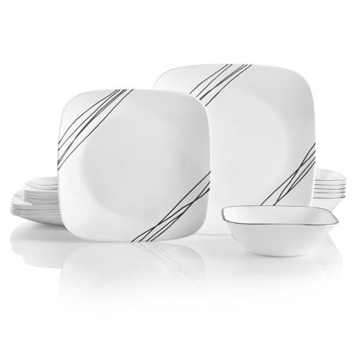 Corelle Vitrelle 18-Piece Service for 6 Dinnerware Set Triple Layer Glass and Chip Resistant, Lightweight Square Plates and Bowls Set, Simple Sketch