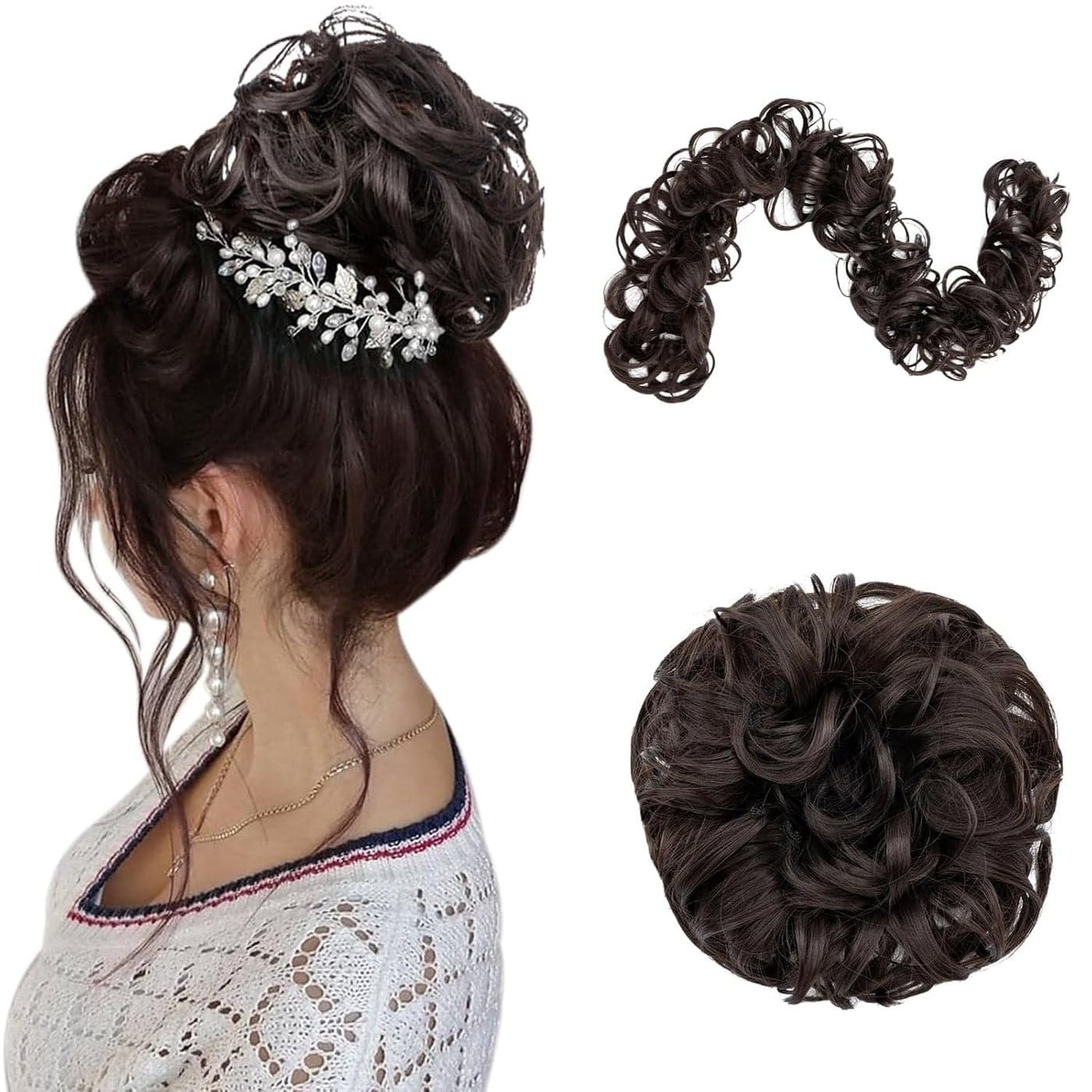 Benehair Messy Bun Hair Piece Juva Bun Hair Scrunchie Fluffy Curly Touseld Updo DIY Wrap Around Ponytail Hairpiece 32inch Wavy Donut Chignons for Women Dark Brown 85g
