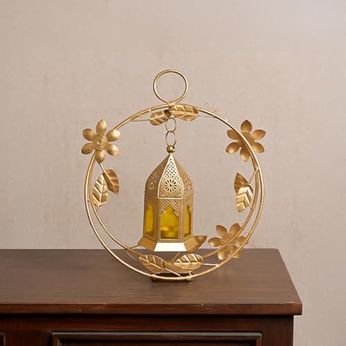 MARKET 99 Metal+Glass Golden Metal Wreath Lantern with Yellow Glass | for Diwali, Christmas, Birthday, and Wedding | Decorative Candle Holder for Home Decor & Festive Season | Golden & Yellow