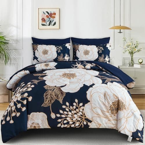Luxudecor Floral Queen Comforter Set 7 Pieces Bed in a Bag, White Flower Print on Navy Blue Bedding Set, Soft Reversible Comforter with Sheet Set 90"x90"