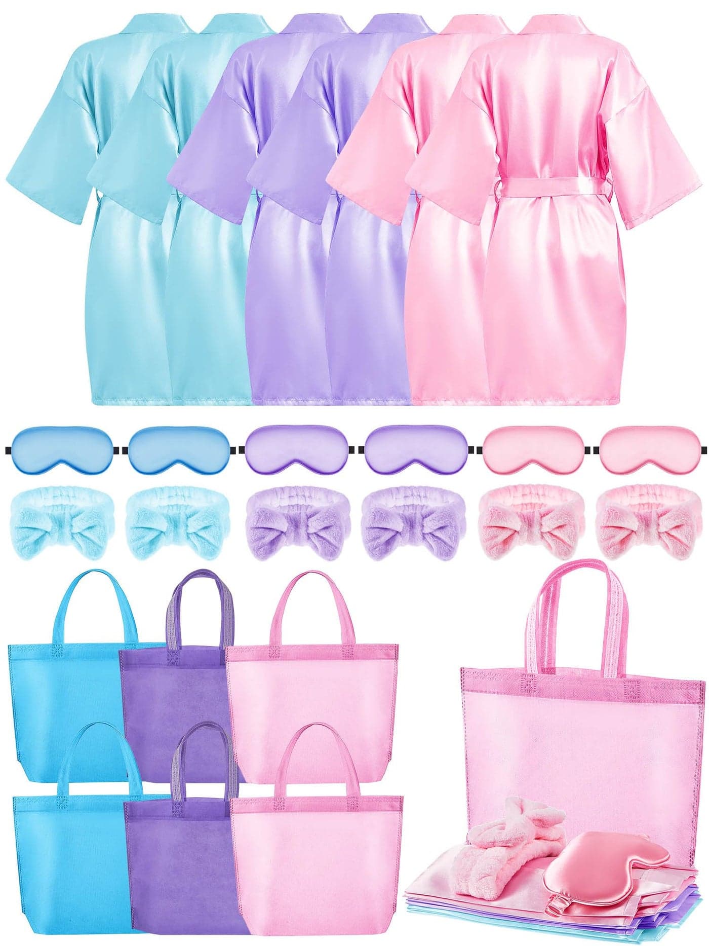 Sintuff 24 Pcs Sleepover Party Supplies for Girls 6 Spa Party Robes 6 Tote Bags 6 Headbands 6 Spa MasksSize 14Multicolor