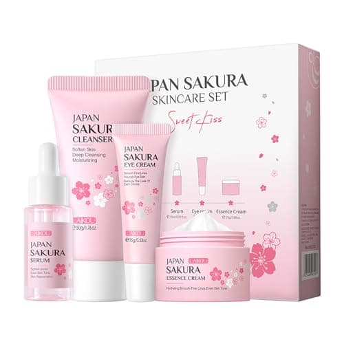 Skin Care Set JAPAN SAKURA Beauty Gift Sets Skin Care Kit with Cleanser, Serum, Eye Cream, Face Cream Travel Kit for Women Mom Wife Teen Girls Gentle Skin Cleaning TSA-friendly Sizes 4pcs