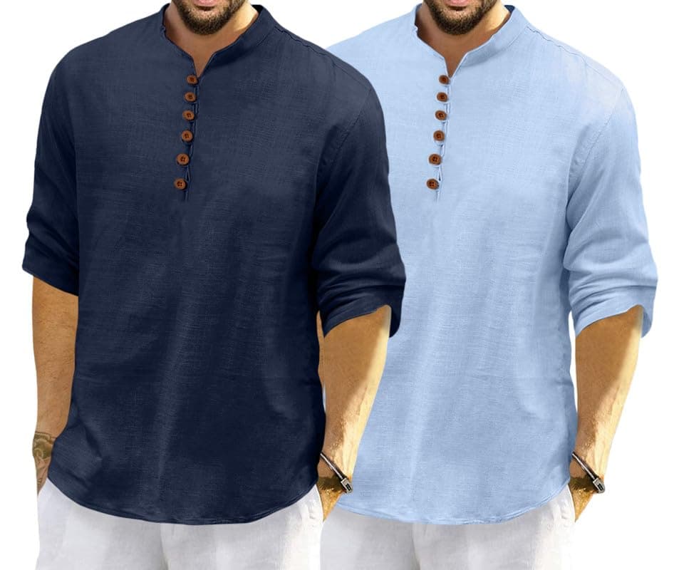 ROYALSCOUT Men's Cotton Polyester Blend Solid Regular Fit Full Sleeve Short Kurta | Ethnic, Lightweight Summer Kurta for Daily & Occasion Use Navy-Sky