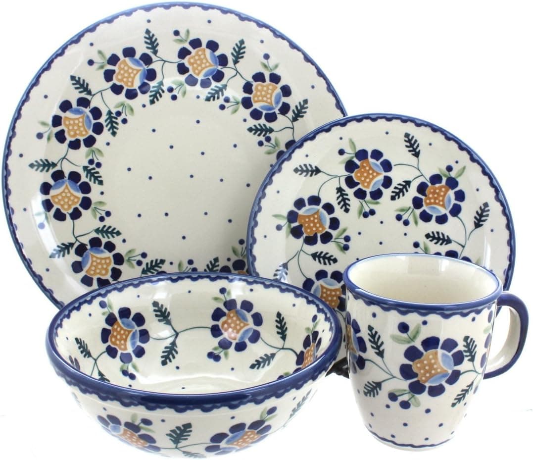 Blue Rose Polish Pottery Sunflower 4 Piece Place Setting Service for 1