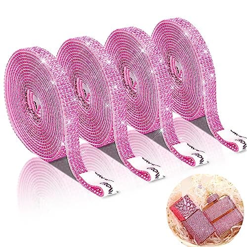 EANLOLY 4 Rolls Self Adhesive Crystal Rhinestone Ribbon Diamond Bling Tape with 2 mm Rhinestones Strips Sticker for Arts Crafts Wedding Birthday Party DIY Event Car Phone Decoration Pink
