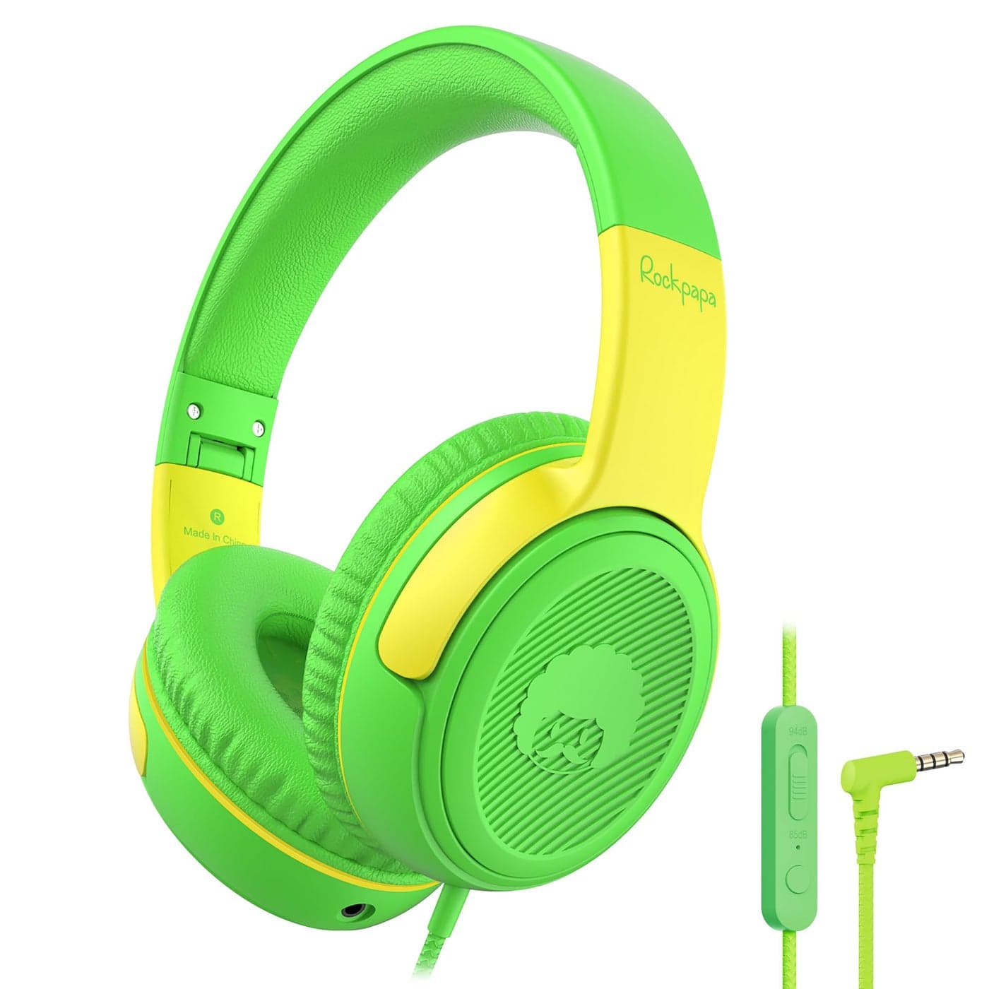 rockpapa Share 1 Kids Headphones Wired with Microphone & Share Port, 85dB/94dB Volume Limited, Cute Foldable Student Child Boys Girls Headphones for School/Classroom/Travel Green/Yellow