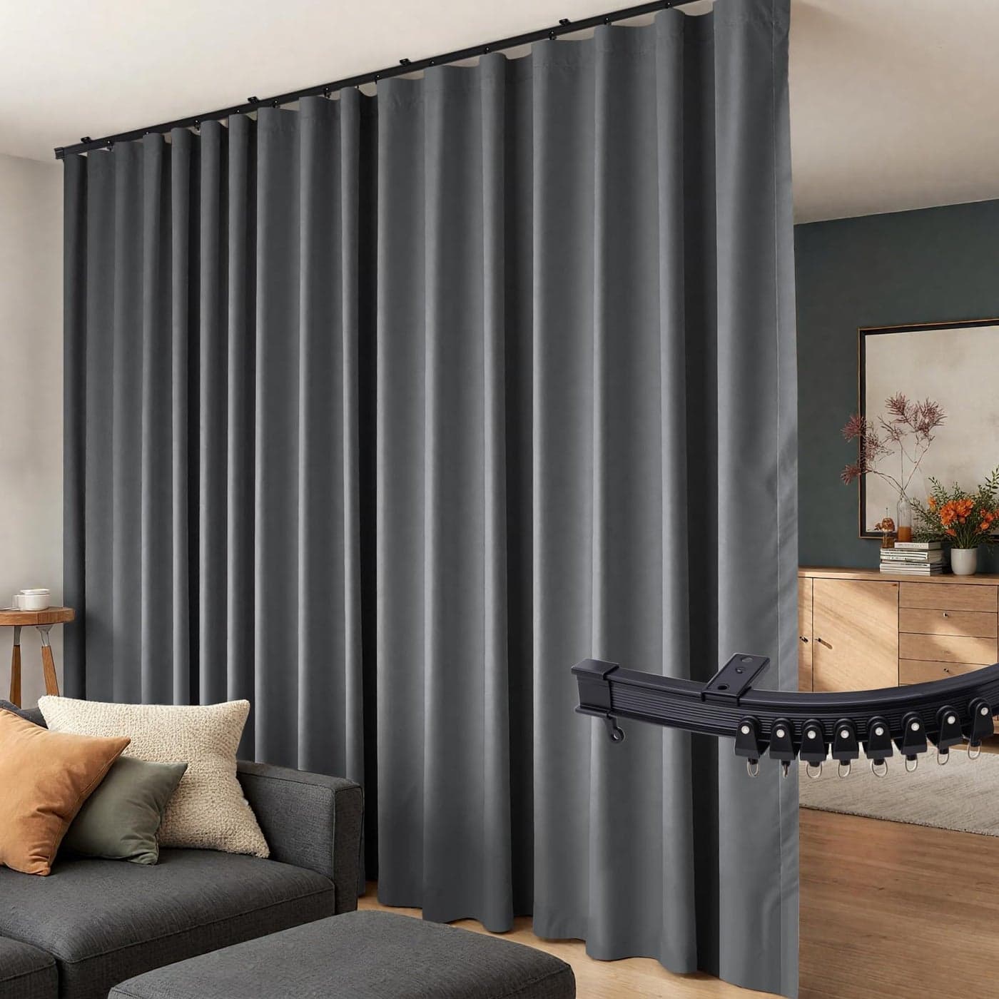 Room Divider Curtains Flexible Ceiling Tracks set Curtain track Ceiling Mount Blackout Curtain for Living Room Bedroom Ceiling Curtain Rod Privacy Dividers Panels W100 x H108 Grey Drape Black rail