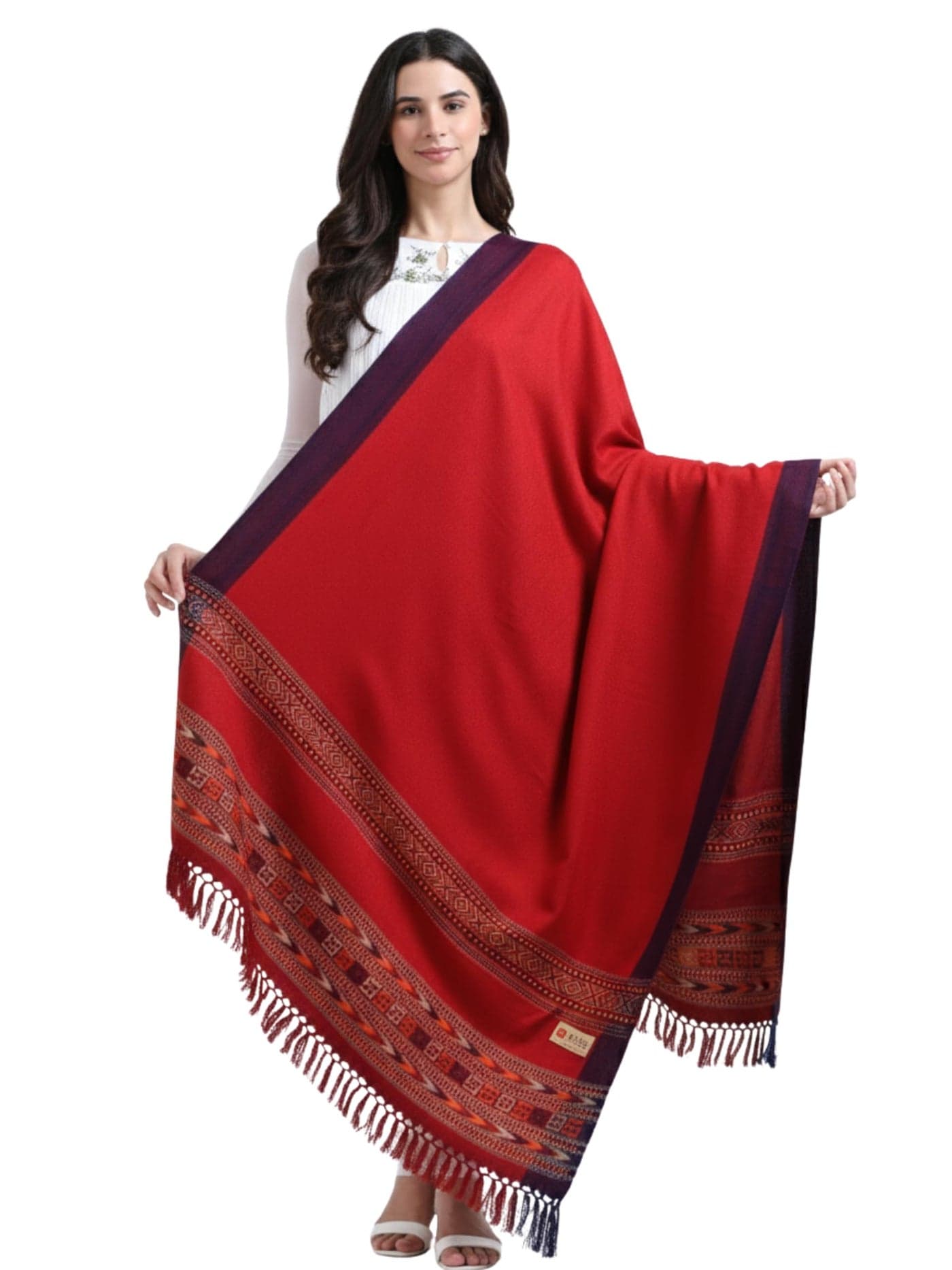 Arvore Bunkaar Handwoven Woolen Shawl for Women with Kullu Border (Coral Red, Medium)