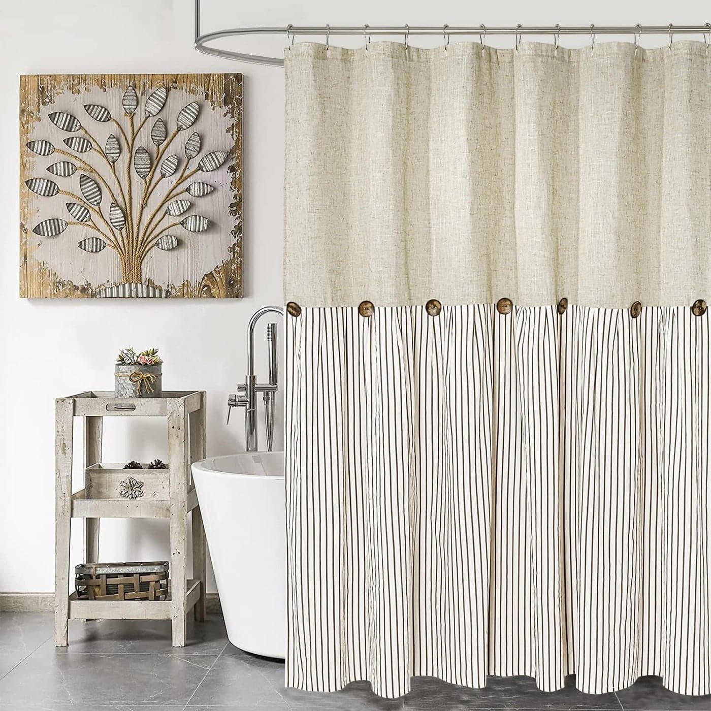 DOSLY IDES Farmhouse Shower CurtainBeige and Brown StripeButton CurtainLinen and Cotton Woven FabricRustic Charm Country Chic Style72x72 in