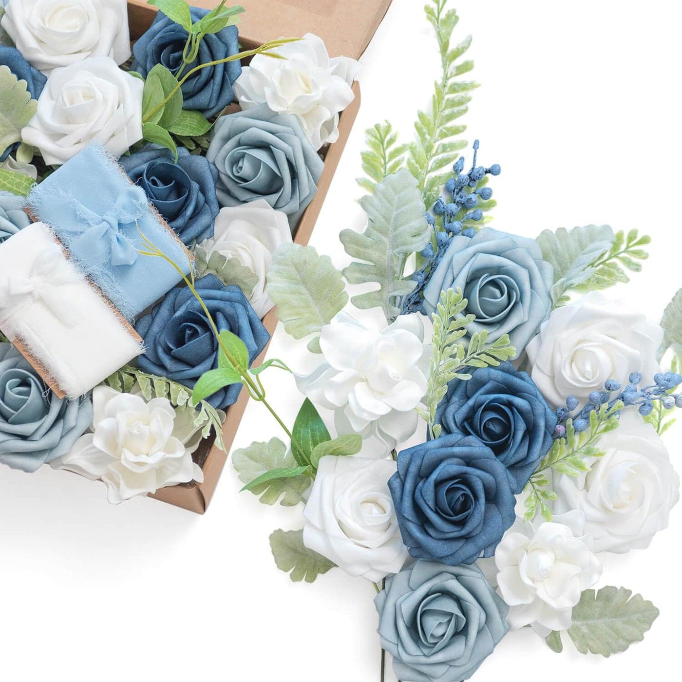 Lings Moment Fake Flowers Box Faux Artificial Plants Stems Foam Roses Silk Greenery for Wedding Decor Centerpieces Table Decorations Floral Arrangements Dusty Blue Navy White Grand Combo