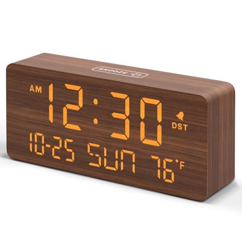 DreamSky Wooden Digital Alarm Clocks for Bedrooms Living Room Desk Clock with Date and Day of Week Temperature USB Port Dimmer Wheel Adjustable Volume Auto DST Wood Decor for Office Table