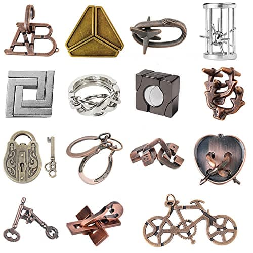 RoseFlower 15 pcs IQ Test Puzzle Brain Teaser Metal Wire Puzzles Mind Game Educational Toys Disentanglement Unlock Interlock Game Magics Trick Toy for Party Favor Kids Adults Challenge Interlock Games