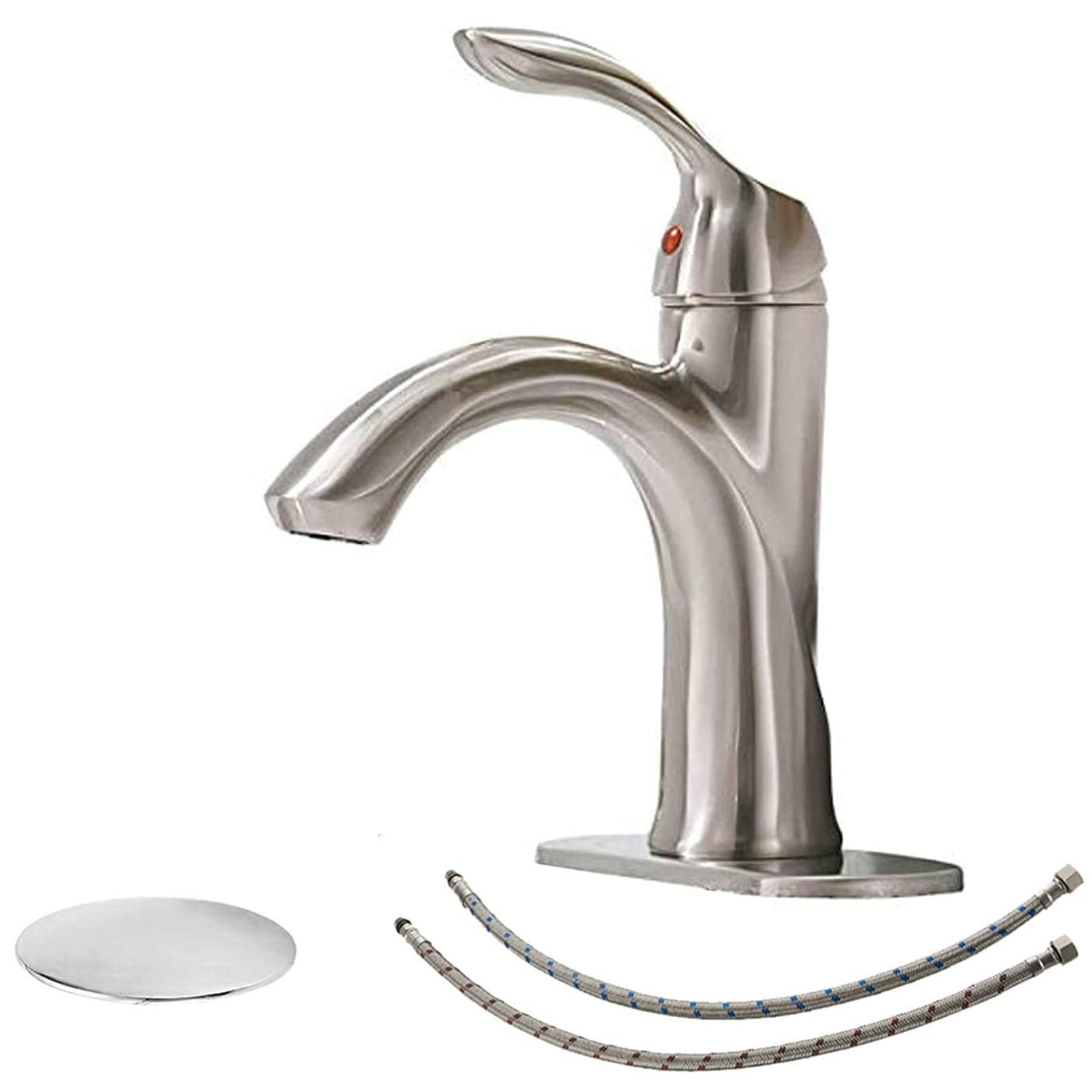BWE Brushed Nickel Bathroom Faucet Single Handle Bathroom Sink Faucet One Hole with Pop Up Drain Assembly and Supply Lines Commercial Vanity Restroom Lavatory Mixer Tap