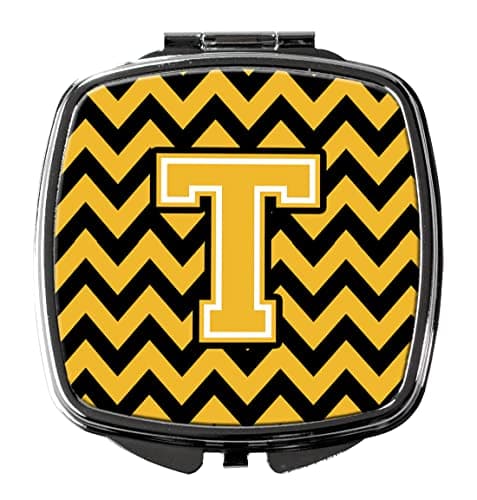 Caroline's Treasures CJ1053-TSCM Letter T Chevron Black and Gold Compact Mirror Decorative Travel Makeup Mirror for Women Girls Gifts Pocket Makeup Mirror Folding Handheld