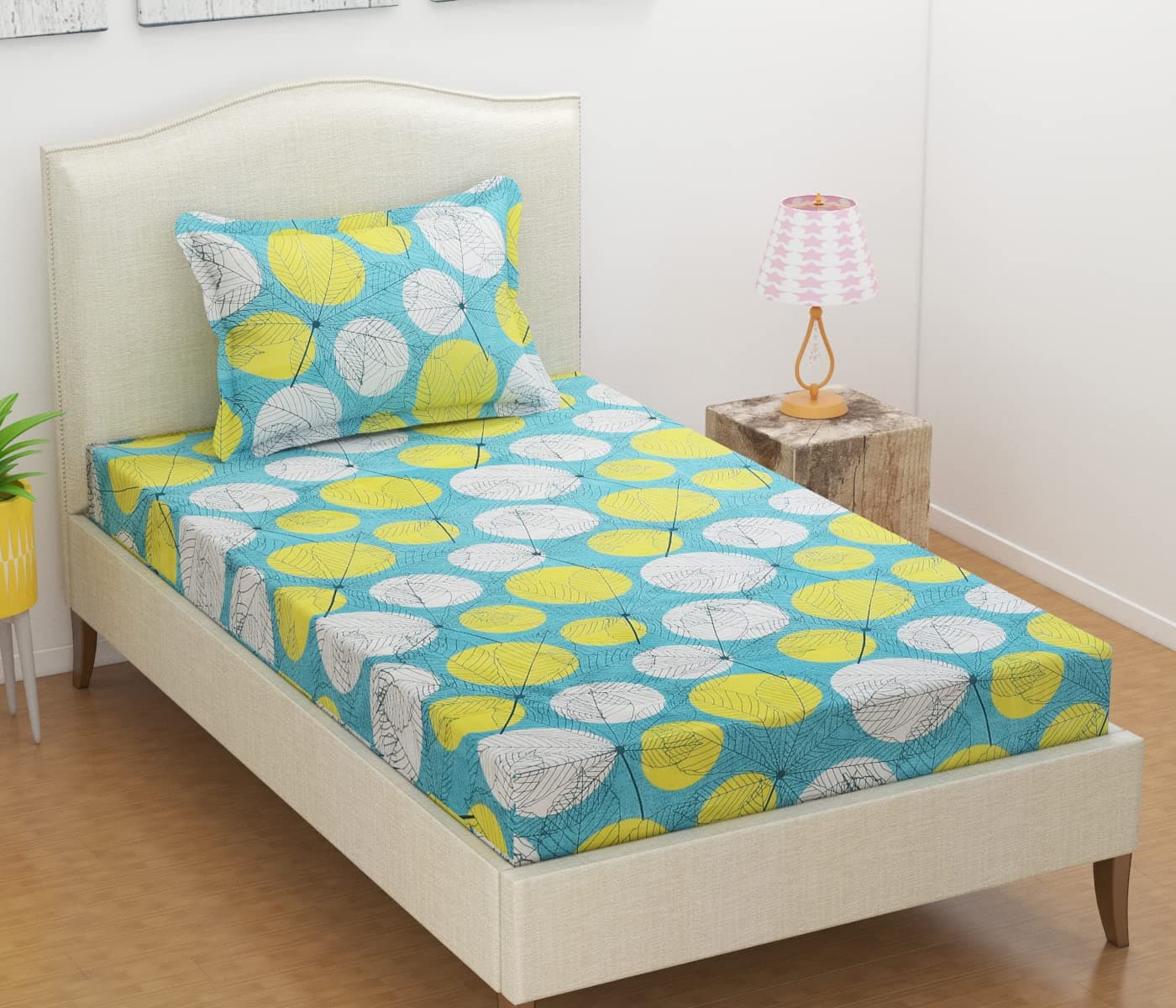 BSB HOME® 3D Printed 144 Tc Microfiber Bedsheet for Single Bed (90X60) with 1 King Size Pillow Covers (20X30) Inches (Yellow and White)