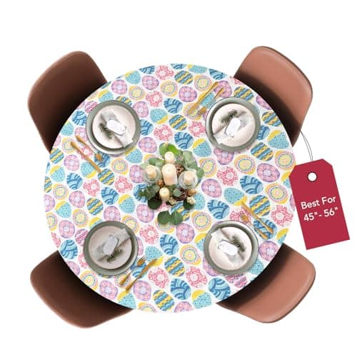 Covers For The Home Deluxe Elastic Edged Flannel Backed Vinyl Fitted Table Cover - Easter Pattern - Large Round Oblong Oval - Fits Tables up to 45" - 56" Diameter